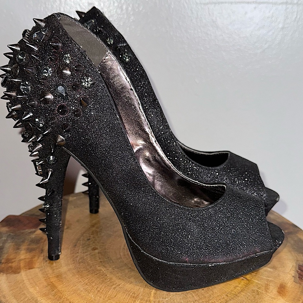 Black Spiked Peep-Toe Heels Size 10